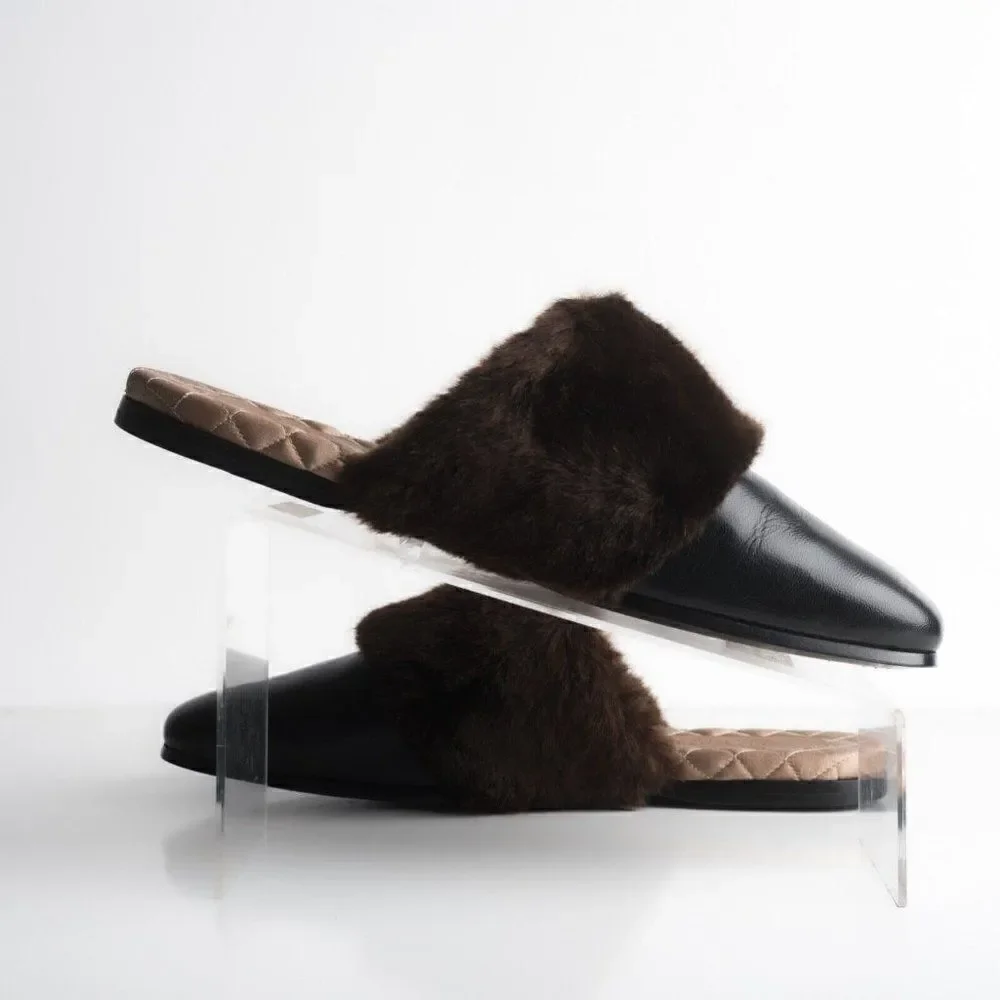 Gucci Mens Black Leather Mules Slippers Faux Fur Quilted Limed ed US 8.5 New